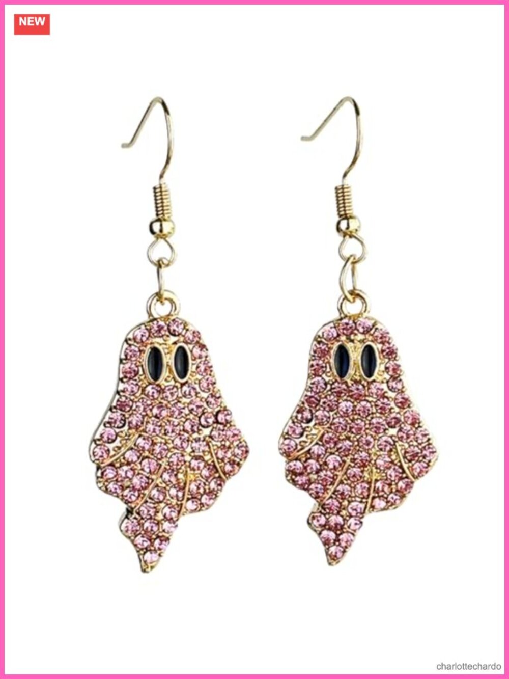 Ghost Dangle Drop Earrings Rhinestone Gold Tone Halloween Jewelry